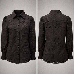 PRETTYGARDEN Black Eyelet‎ Embroidered Button Down Blouse Smocked Cuff Small